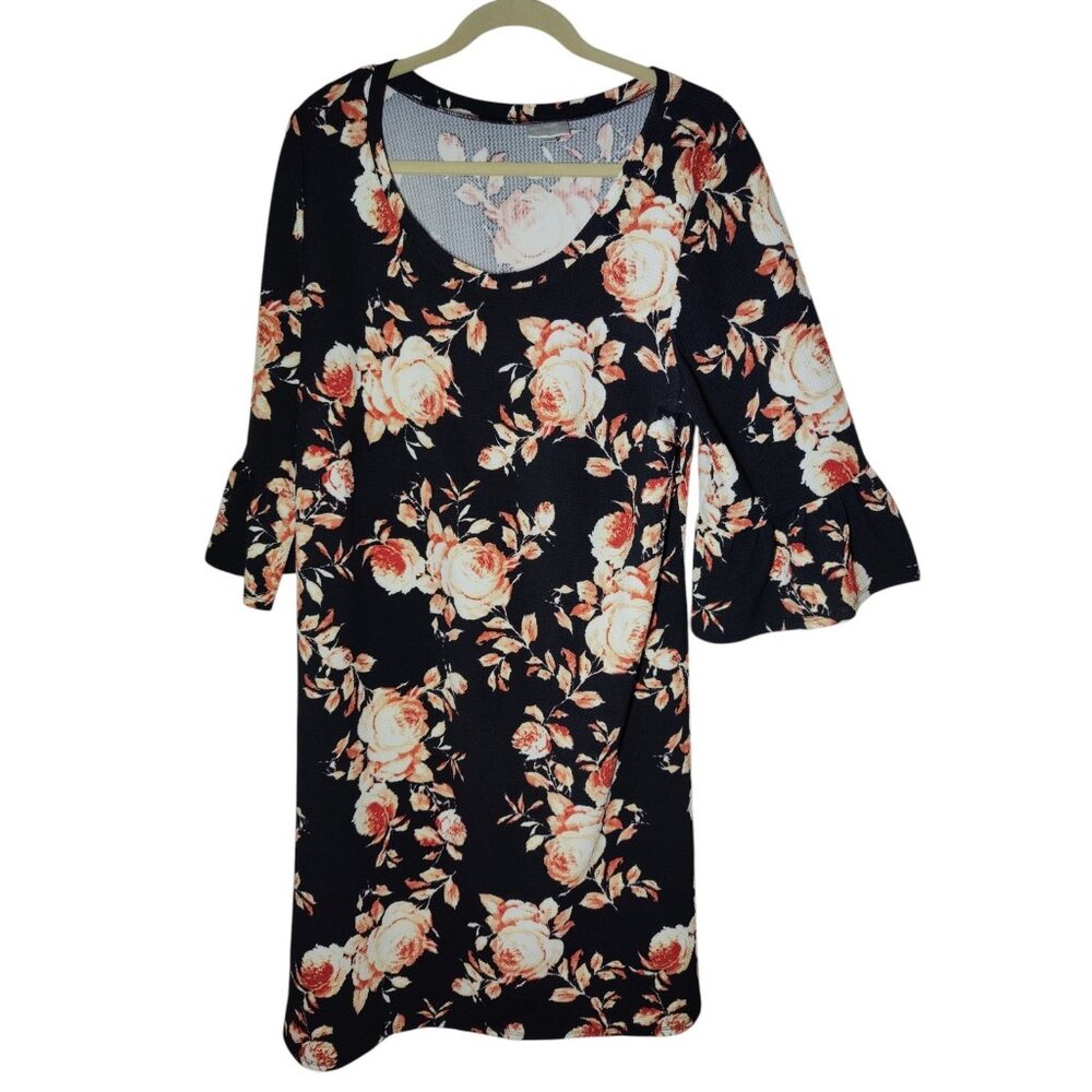 Avenue Black White Floral Scoop Neck Flutter Sleeve Knee Length Dress 18/20
